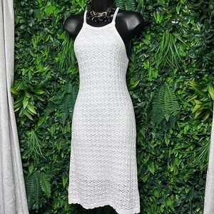Freshman 1996 Dress Small White Crochet Knit High Neck Midi Vacation 3559‎